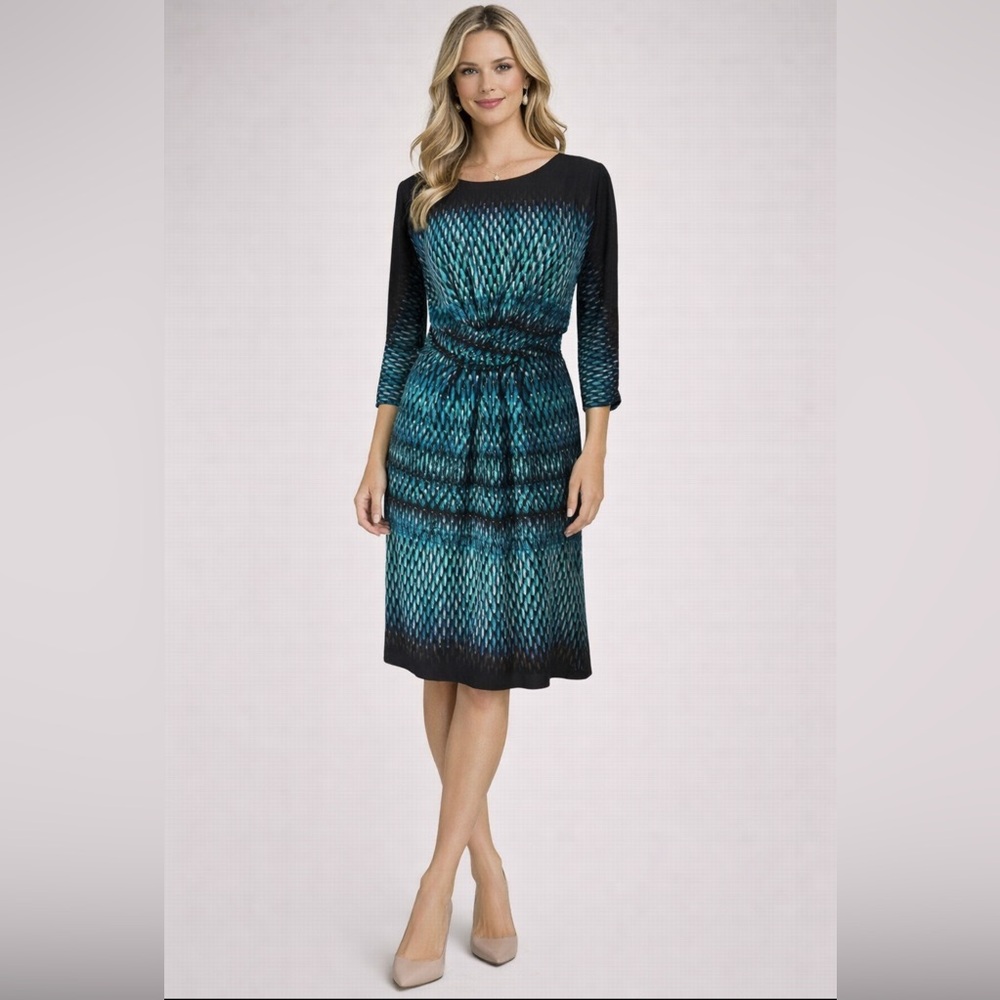 Anne Klein Dress 6 Blue Green Ivory 3/4 Sleeve Stretch Midi Washable Career NEW
